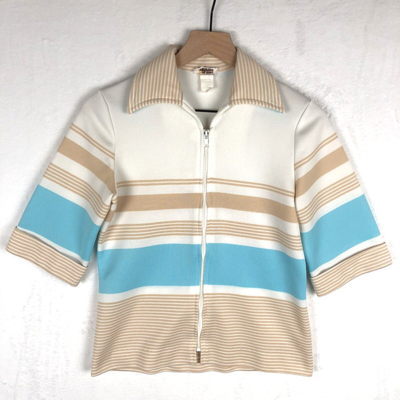 VTG EL MAR 70s MCM‎ Top Women's Sz S Striped Full Zip 1/2 Sleeve Collar Knit - Picture 1 of 8